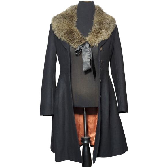 H&M Womens Size 8 Black Wool Blend Coat Faux Fur Collar Vintage Style Jacket - Picture 1 of 16